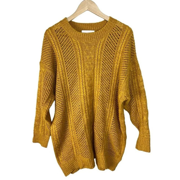 John + Jenn Yellow Open Knit Long Sweater Acrylic Size Medium Crewneck Women’s - Picture 2 of 6